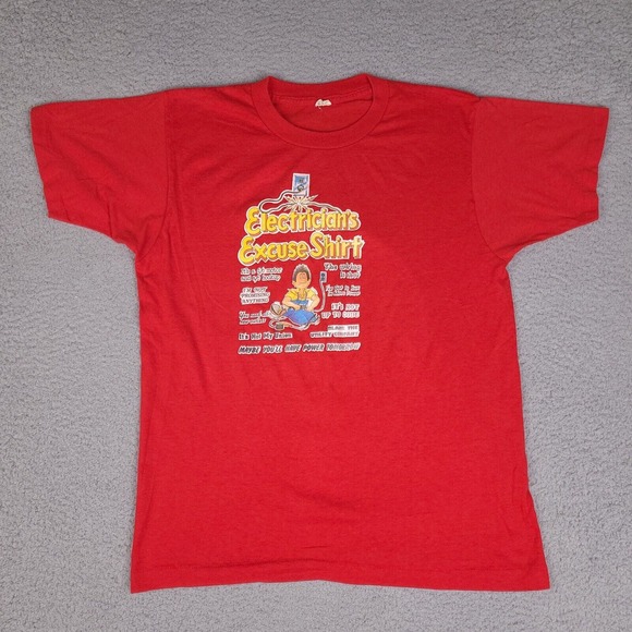 Vintage 1982 Electricians Excuse T-Shirt Mens Medium Red Single Stitch USA Made - Picture 1 of 16